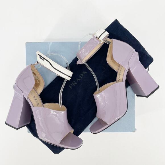 Prada Lavender Pastel Purple Patent Leather Ankle Strap Block Heel Sandal IT 39